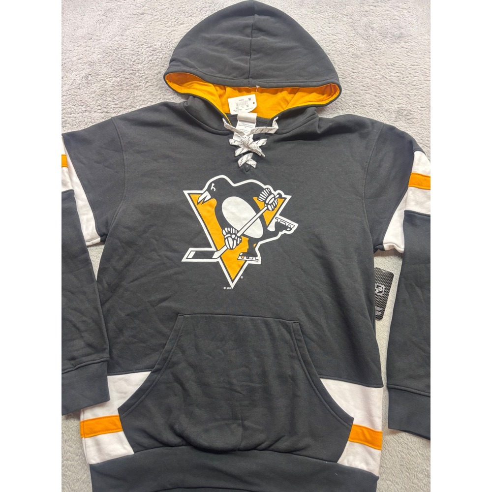 NHL Pittsburgh Penguins Mens Medium Lace Up Hoodie Black Gold Colorblock NWT